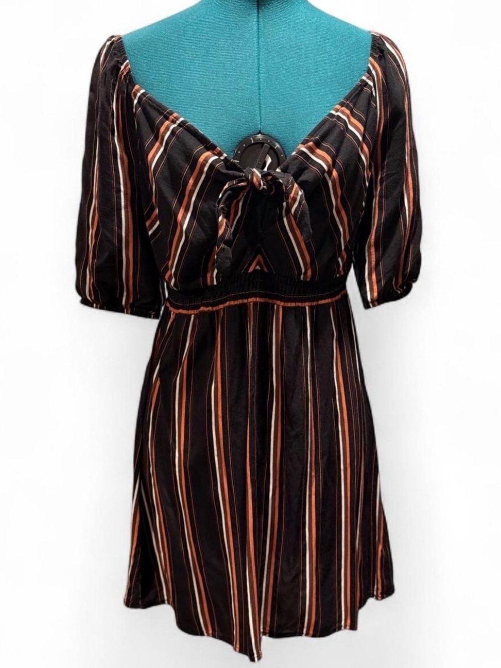 Xhilaration Black Striped Tie-Front Mini Dress with Brown and Cream Accents